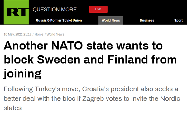 克罗地亚总统被曝计划指示克常驻北约代表阻止芬兰瑞典“入约”