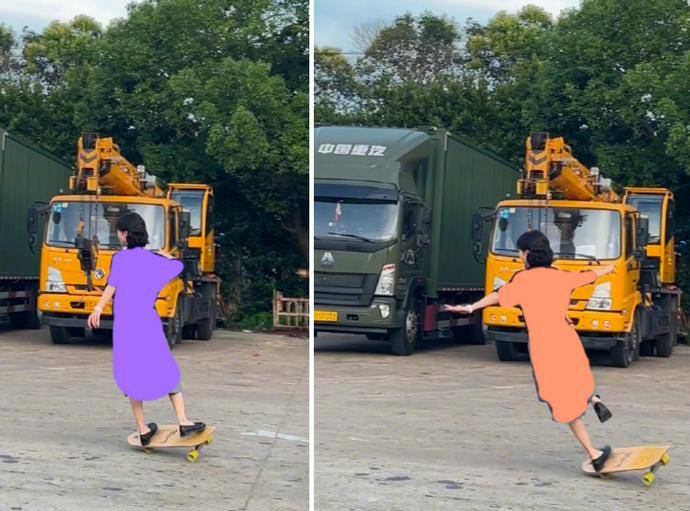 女演员吉娜(Gina)玩滑板时脸朝下摔倒,双手撑着腿,张嘴惊呼自己吓坏了。