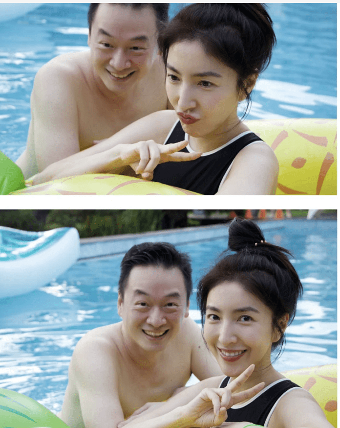 44岁的杨金华和丈夫一起游泳,共用一个游泳圈,并通过她富有的丈夫来表达她的爱。