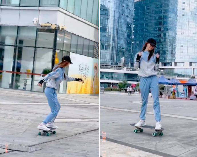 女演员吉娜(Gina)玩滑板时脸朝下摔倒,双手撑着腿,张嘴惊呼自己吓坏了。