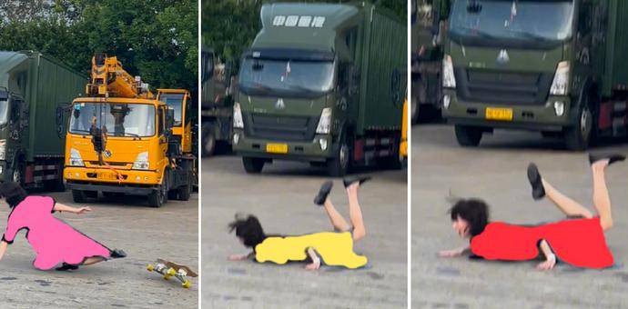 女演员吉娜(Gina)玩滑板时脸朝下摔倒,双手撑着腿,张嘴惊呼自己吓坏了。